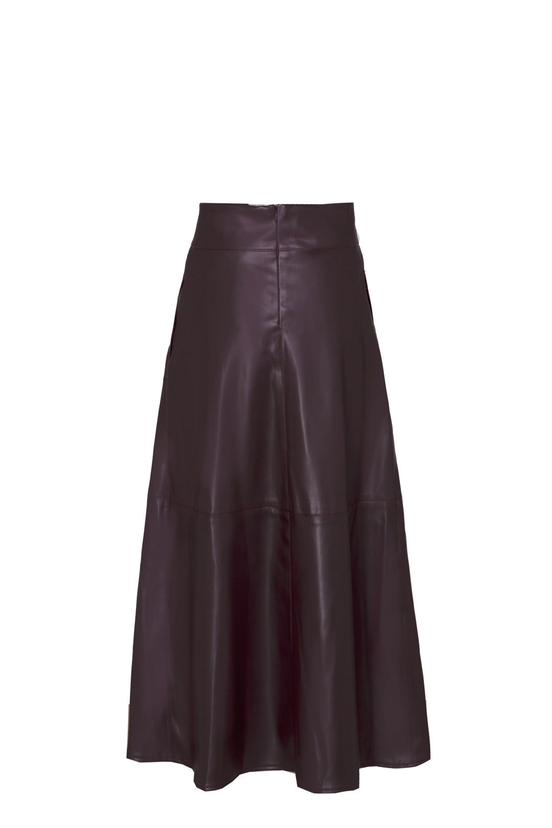Falda midi ecopiel granate de cintura alta con efecto piel y un cautivador tono profundo. Elegancia, audacia y versatilidad.