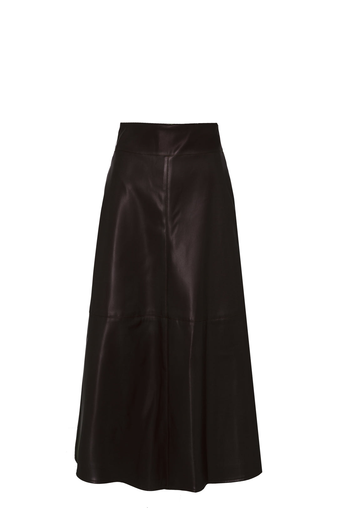 Falda midi ecopiel marron de cintura alta con efecto piel y un cautivador tono profundo. Elegancia, audacia y versatilidad.