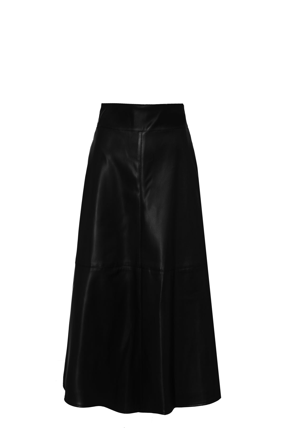 Falda midi ecopiel negra de cintura alta con efecto piel y un cautivador tono profundo. Elegancia, audacia y versatilidad.