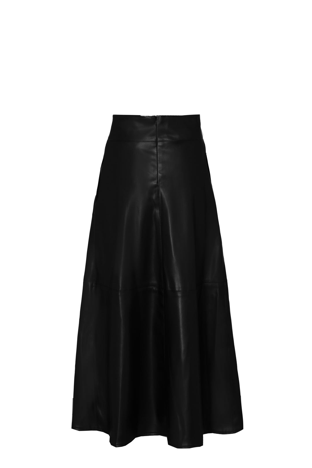 Falda midi ecopiel negra de cintura alta con efecto piel y un cautivador tono profundo. Elegancia, audacia y versatilidad.