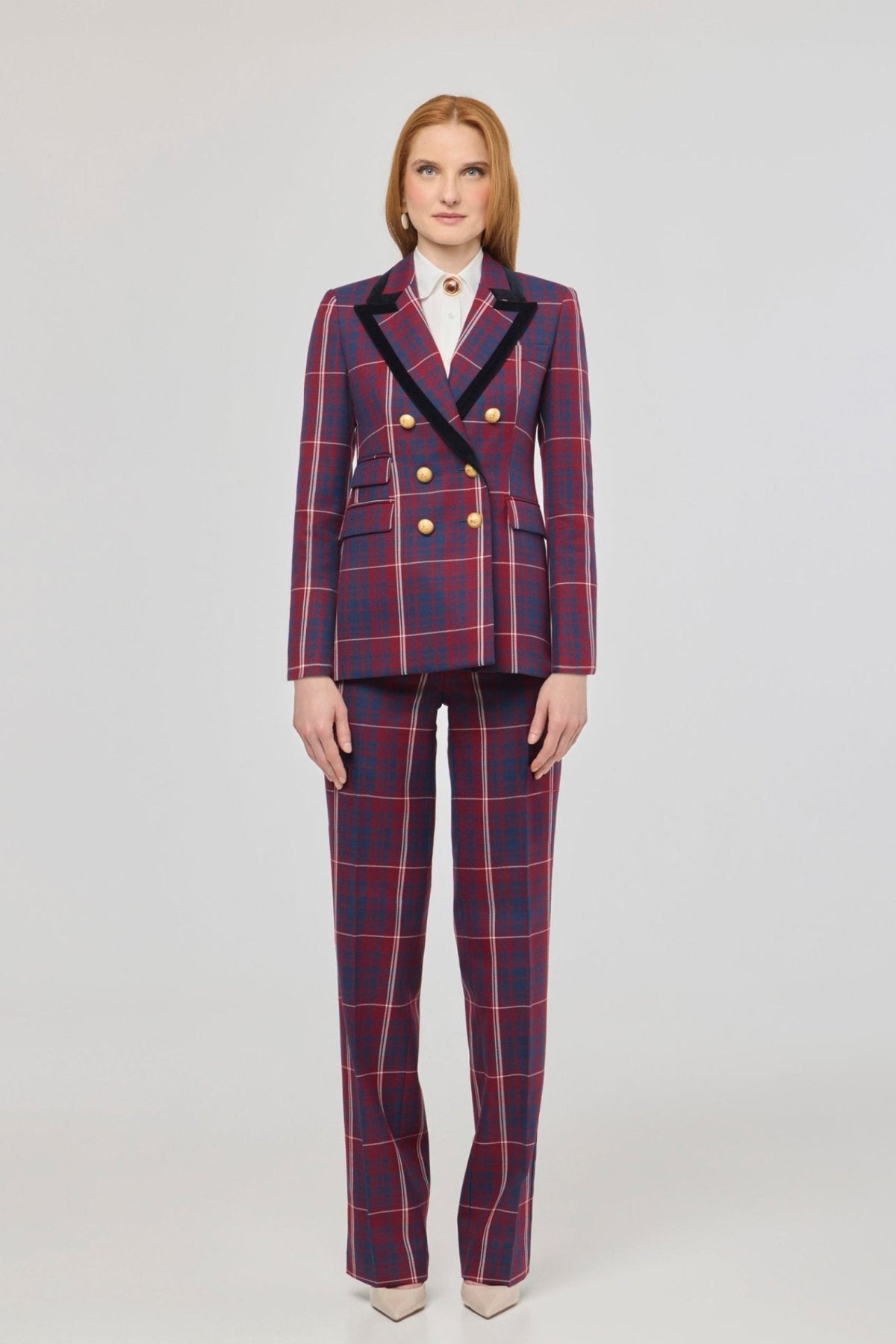 Blazer cruzada de cuadros Anderson de The Extreme Collection con estampado de cuadros y solapa de terciopelo.