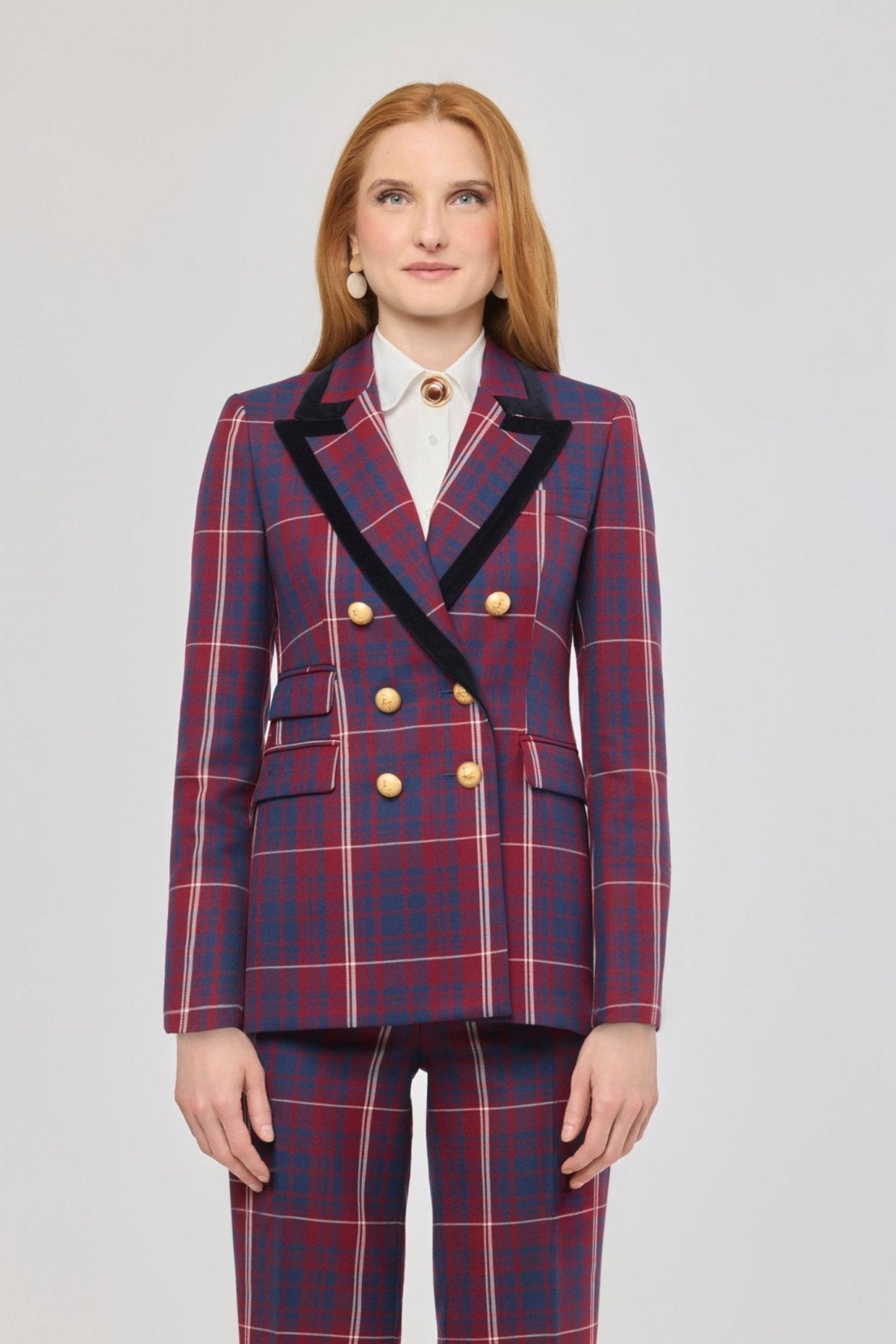 Blazer cruzada de cuadros Anderson de The Extreme Collection con estampado de cuadros y solapa de terciopelo.