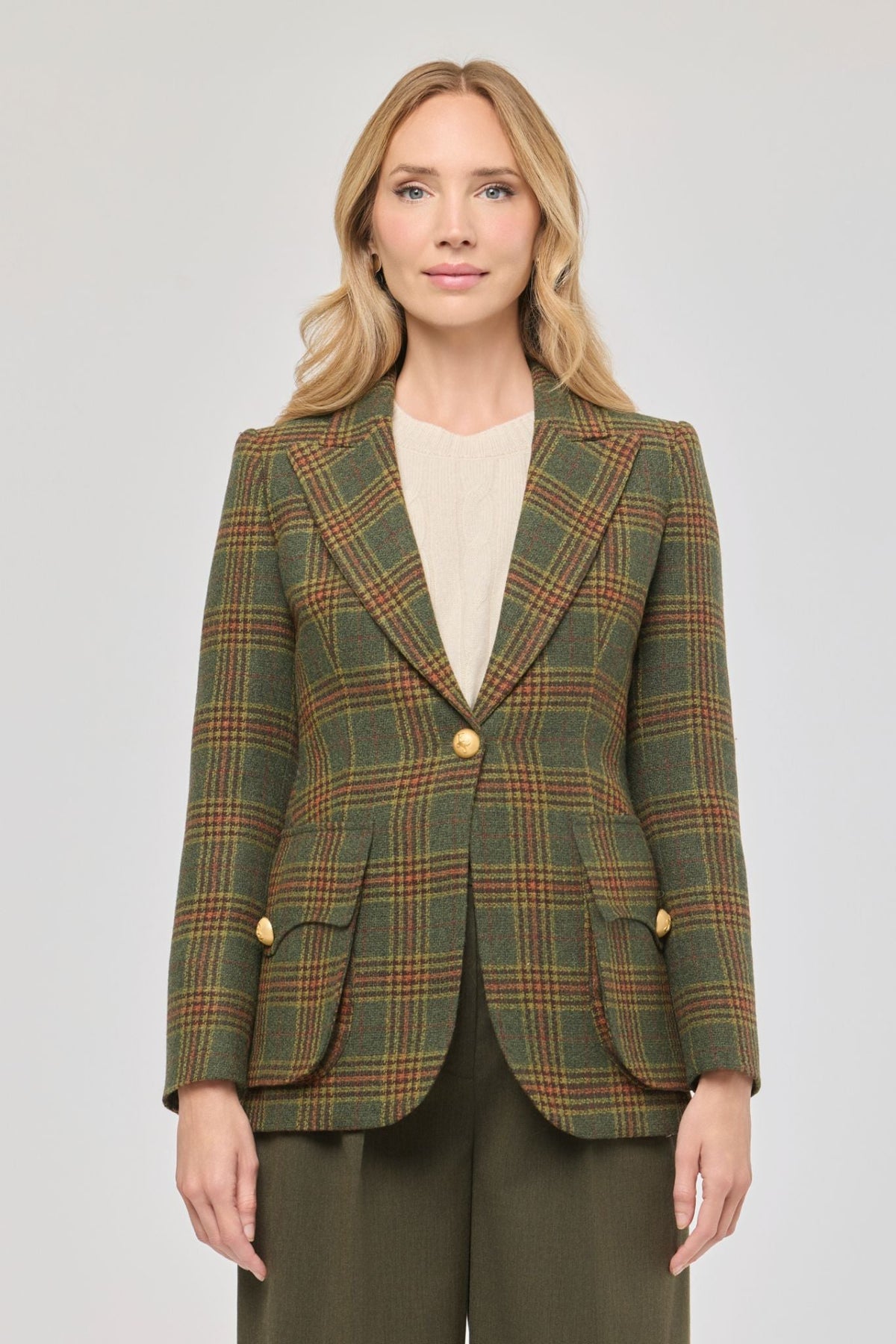 Blazer de lana a cuadros Grant de The Extreme Collection en tonos verdes y ocres.