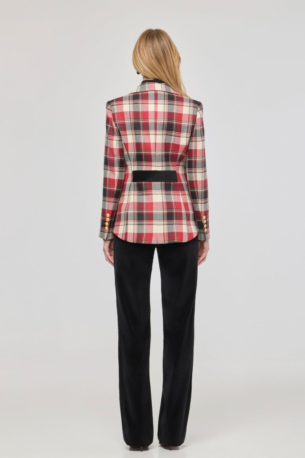 Blazer de lana tartán Duncan de The Extreme Collection con estampado tartán rojo, negro y blanco, y solapa de terciopelo.