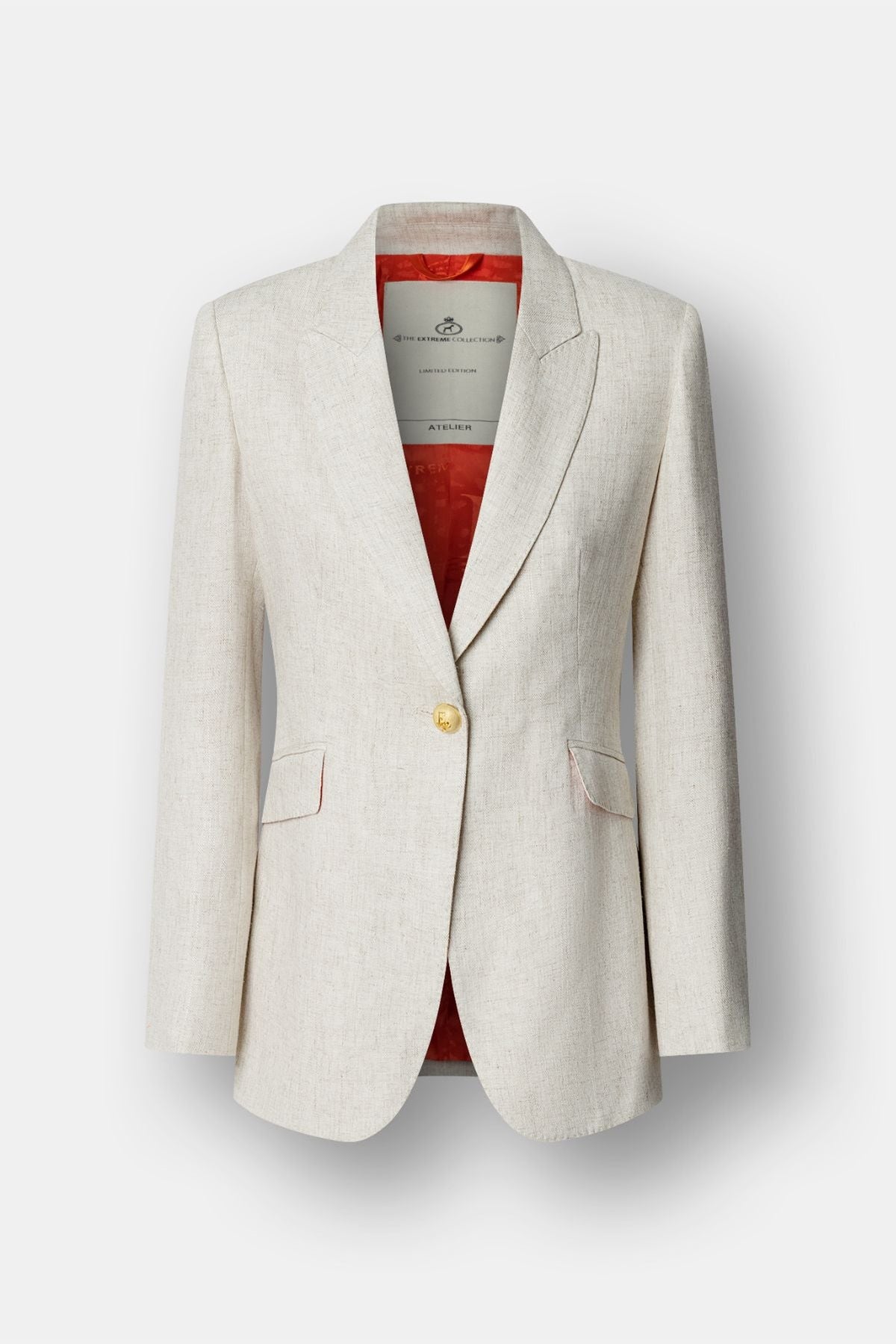 Blazer de lino mujer modelo Sofía en tono beige arena de corte sastre.