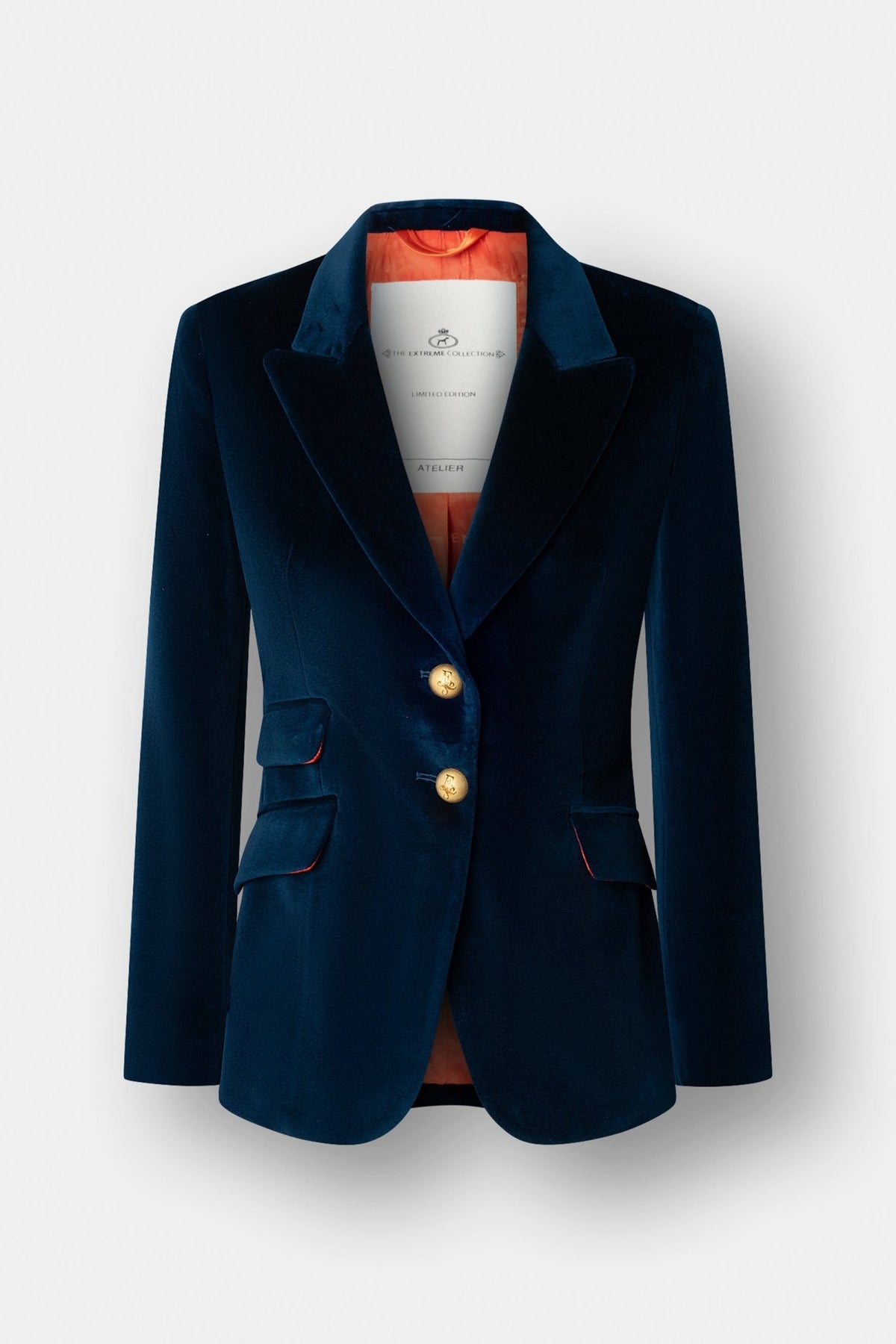 Blazer terciopelo azul Oliva de The Extreme Collection confeccionada en 100% algodón y un suave terciopelo azul petróleo.