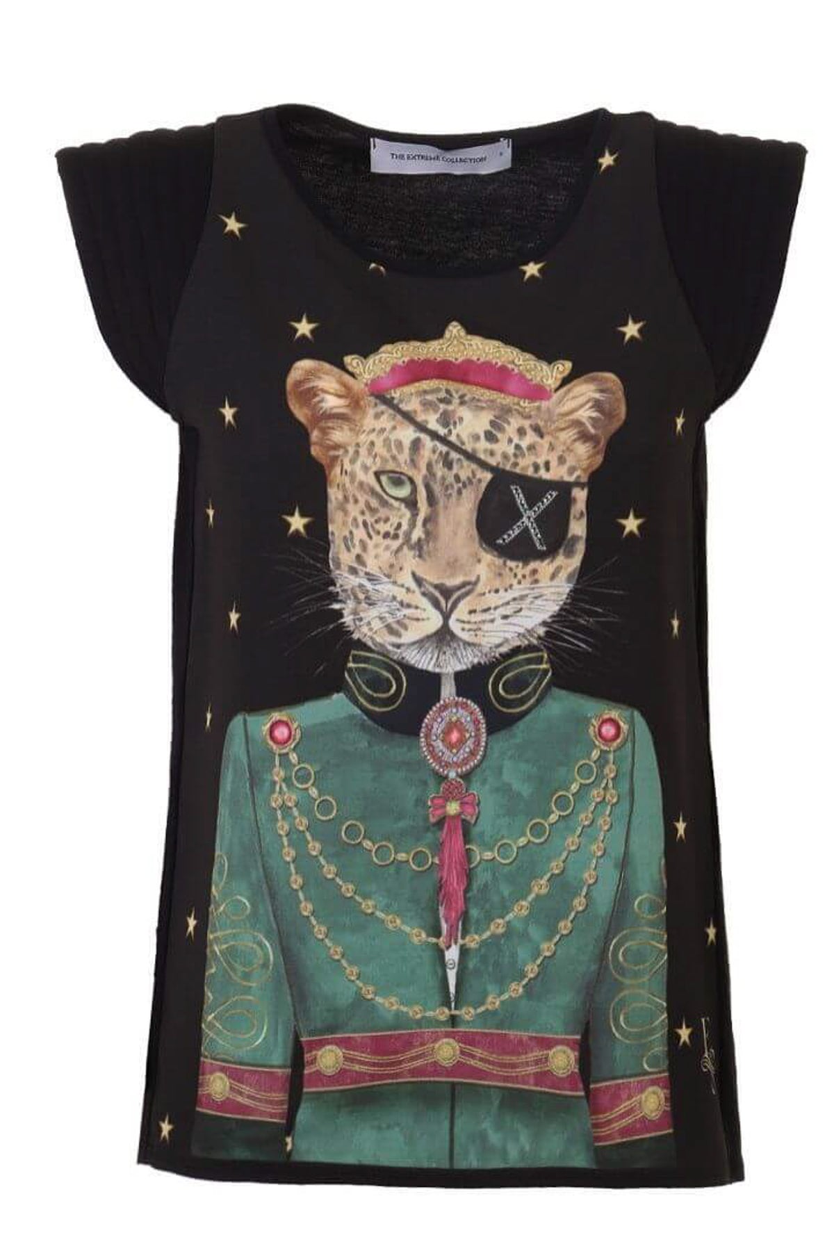 Camiseta estampada negra de edición limitada Anne Bonny con diseño de gata aristócrata.
