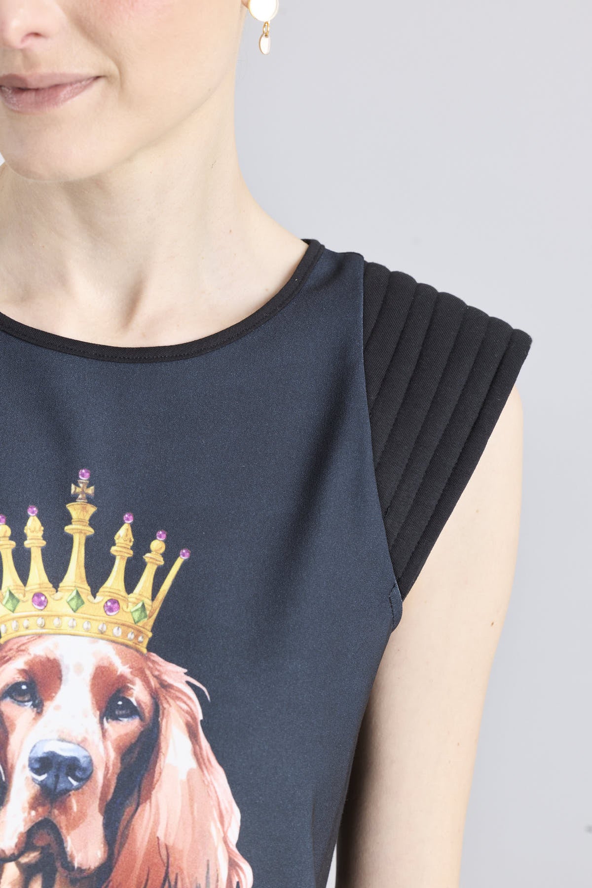 Camiseta negra con ilustración de perro Setter luciendo una corona dorada y lazo verde de The Extreme Collection.