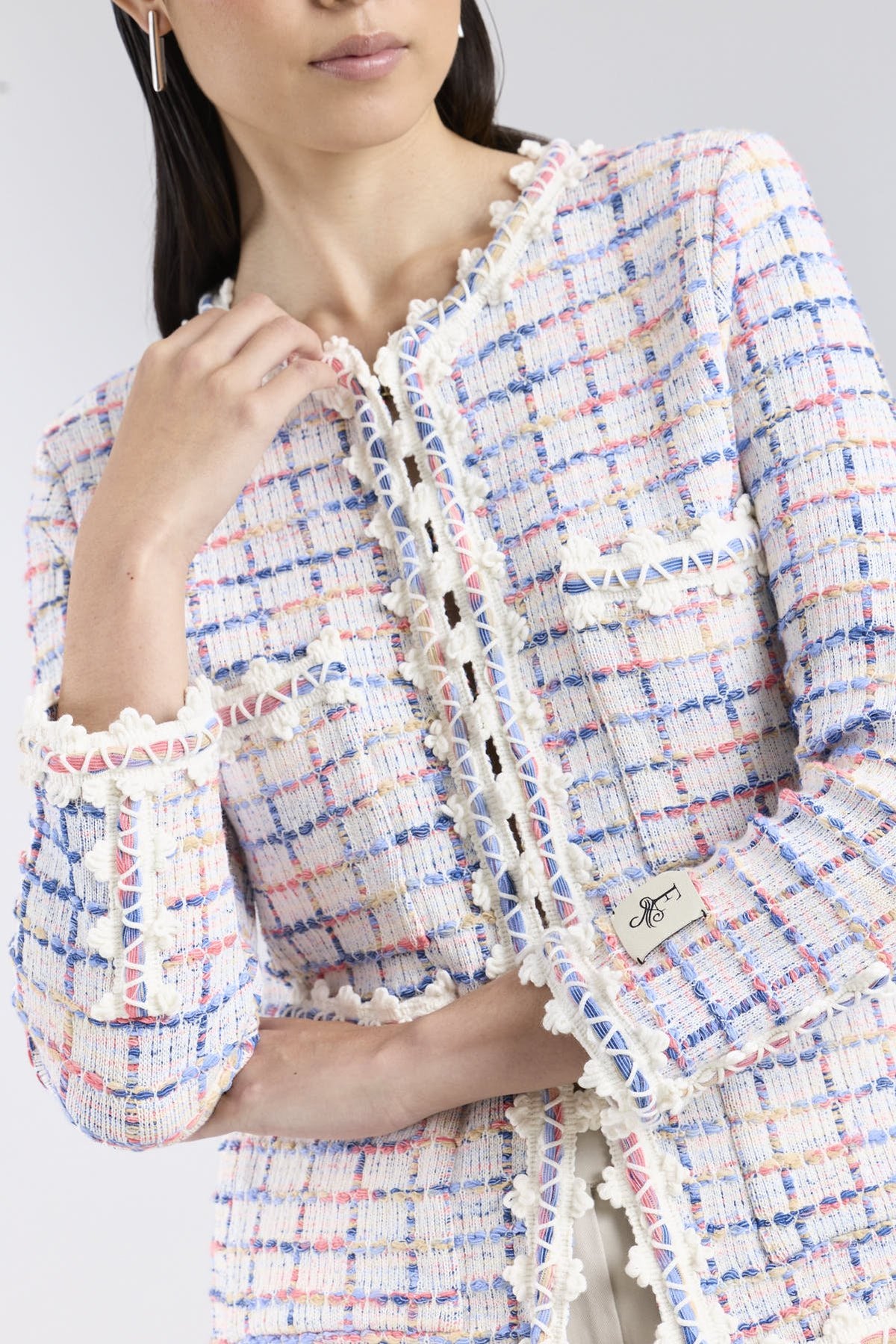 Chaqueta de punto multicolor para mujer modelo Hunter con trama de cuadros en tonos azules y rosados