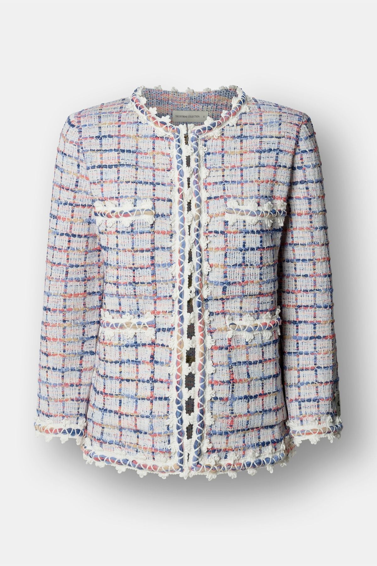 Chaqueta de punto multicolor para mujer modelo Hunter con trama de cuadros en tonos azules y rosados