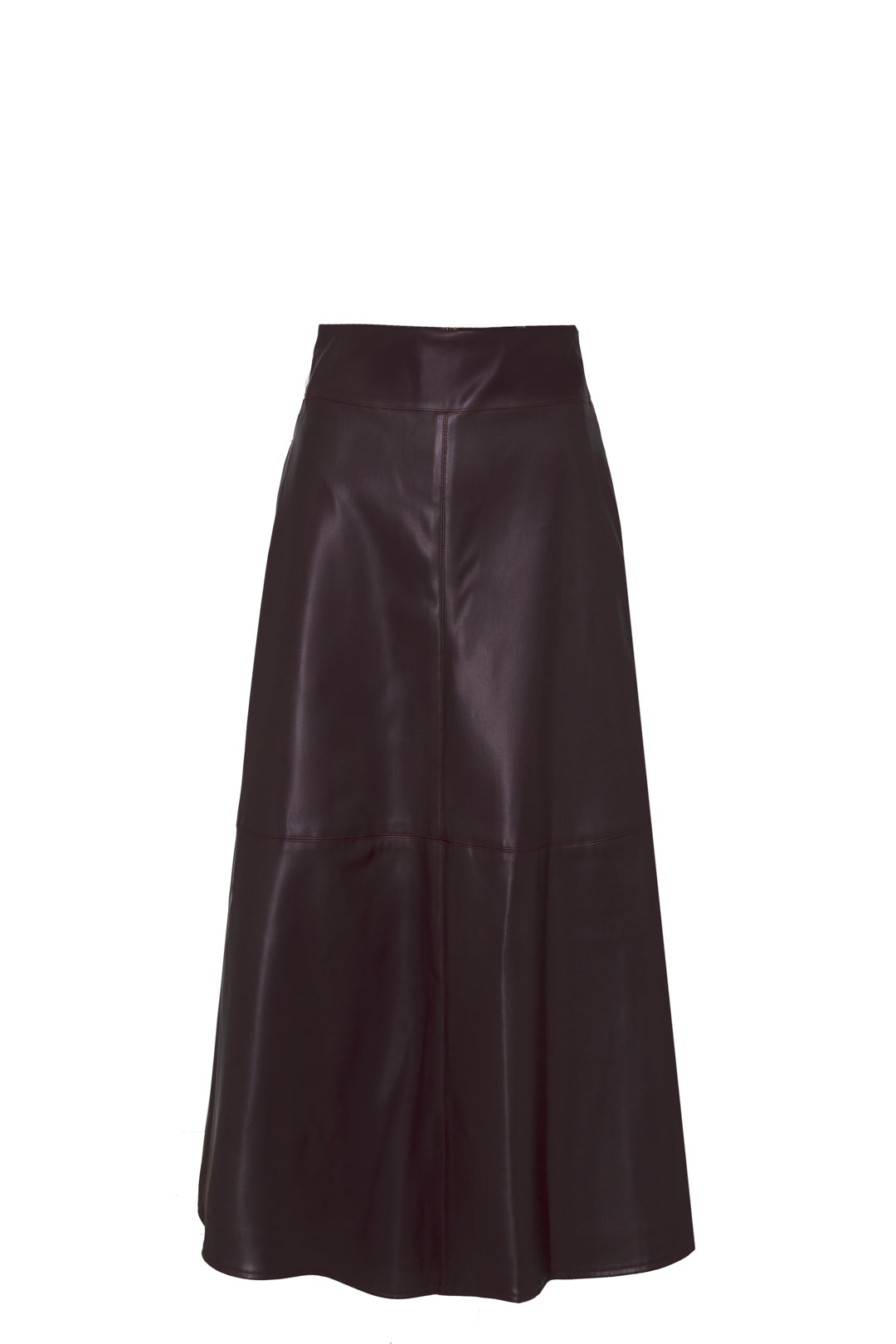 Falda midi ecopiel granate de cintura alta con efecto piel y un cautivador tono profundo. Elegancia, audacia y versatilidad.