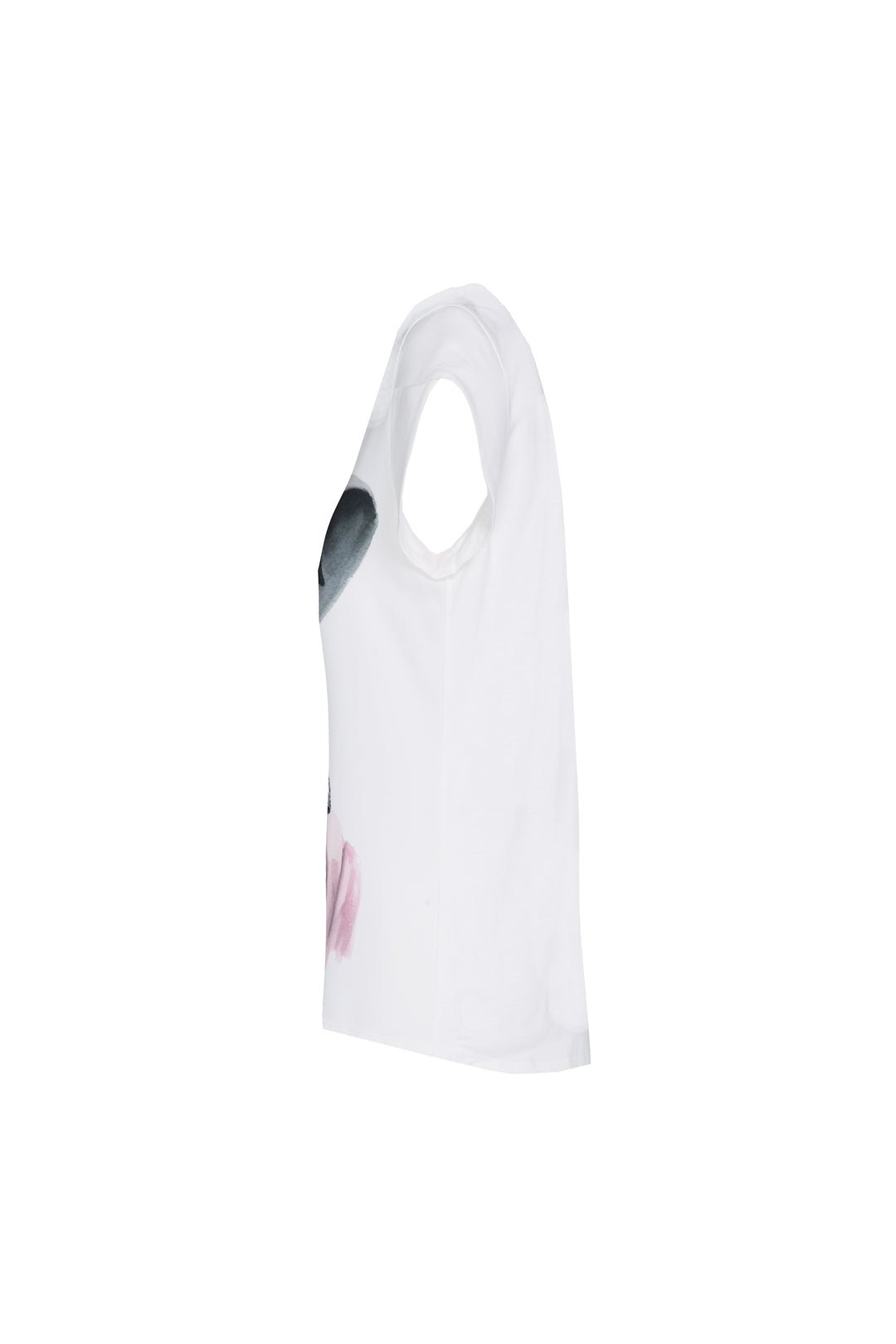 Camiseta estampada blanco Camelia de corte fluido con mangas en forma de pétalo y elegante ilustración frontal.