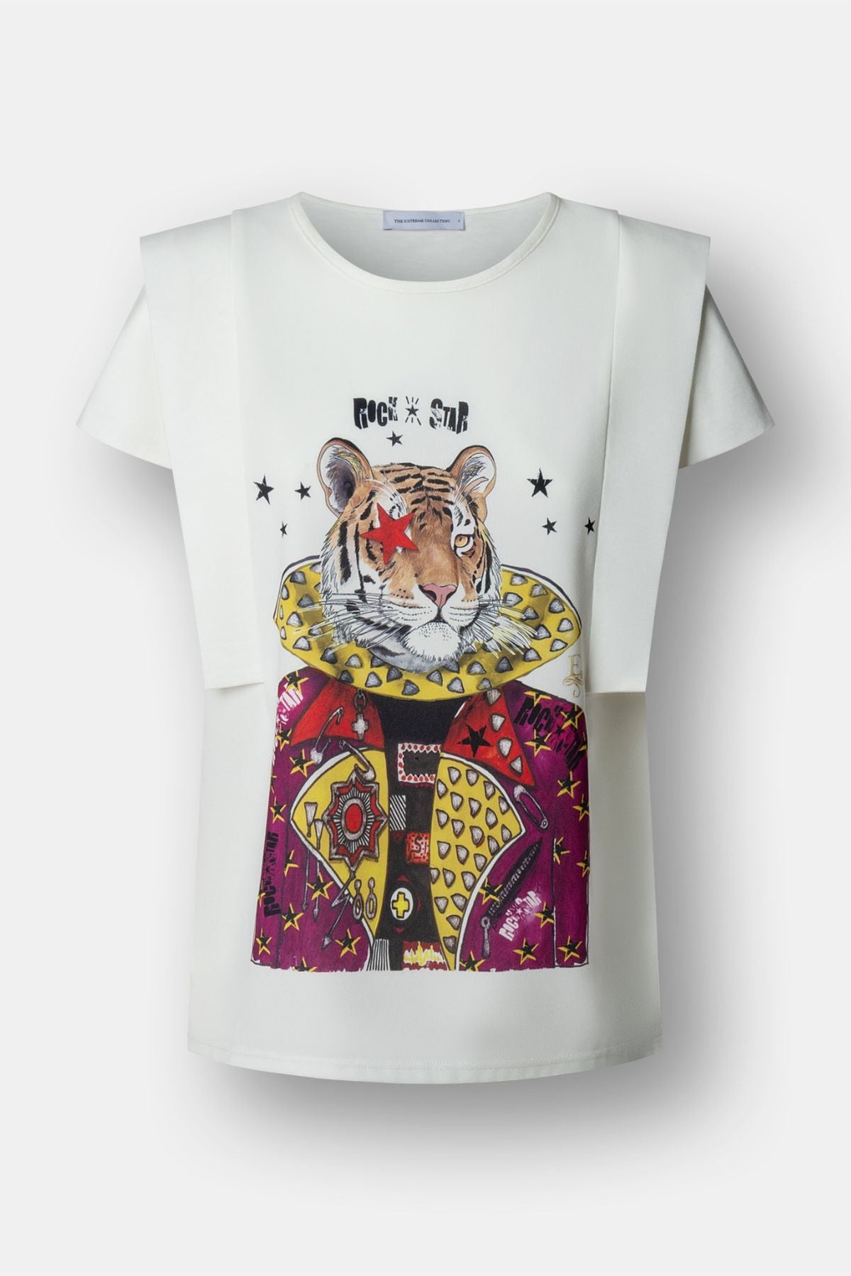Camiseta blanca con estampado de tigre Rock Star y estrellas de The Extreme Collection.