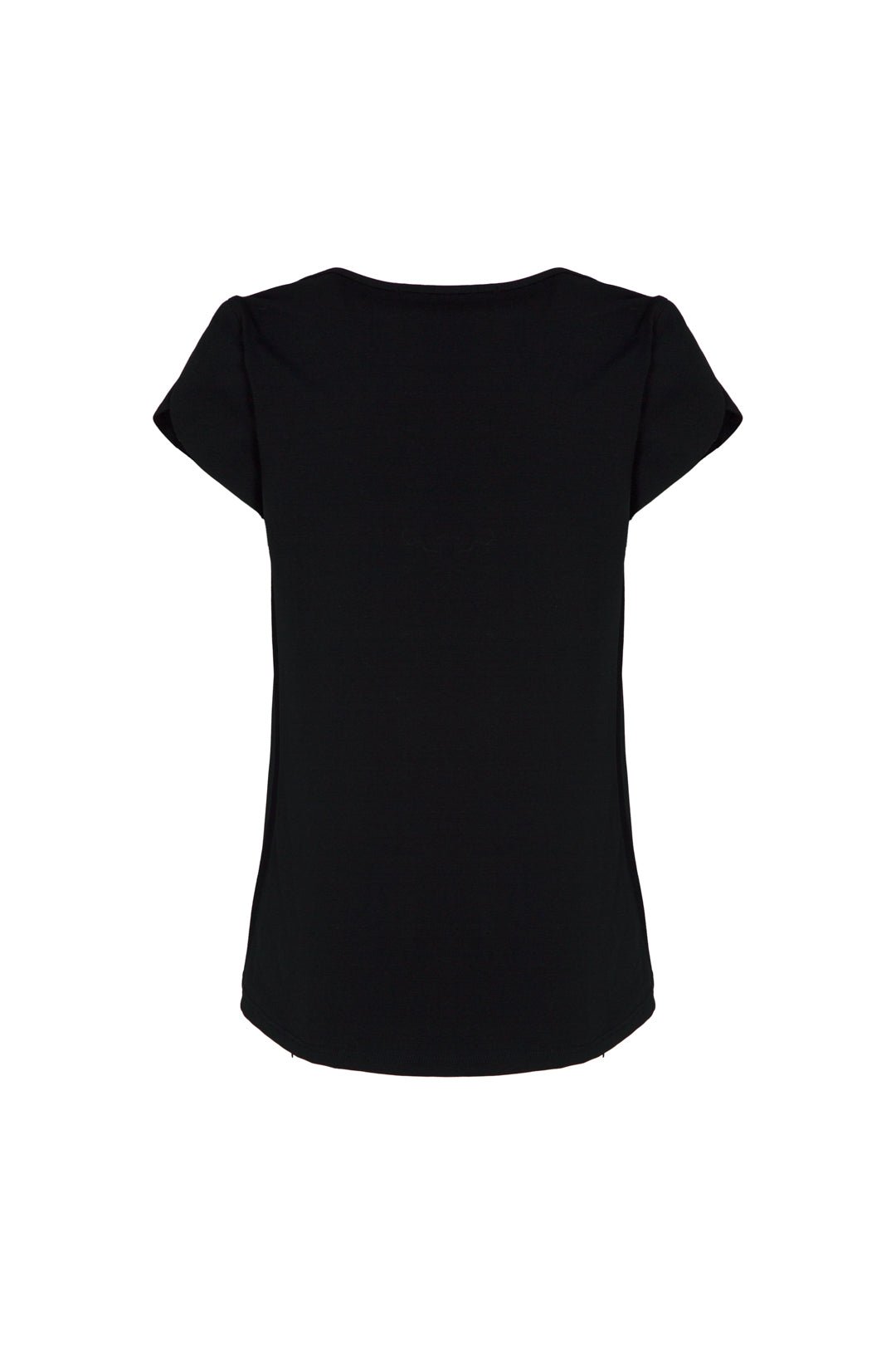 Camiseta estampada negra Camelia de silueta fluida con mangas en forma de pétalo y elegante ilustración frontal.
