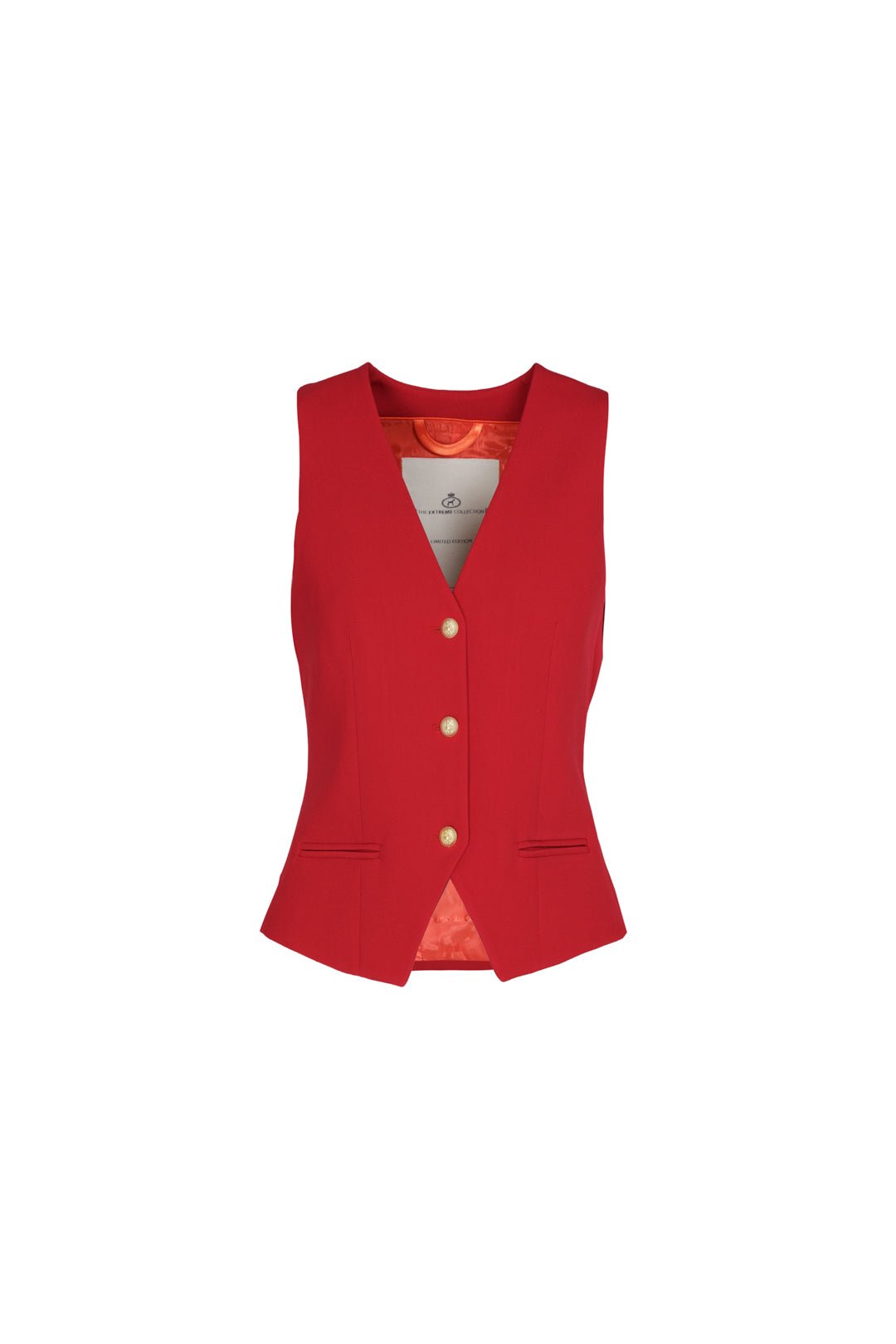Chaleco sastre rojo Atelier en super crepé de tres botones con bolsillos de vivo y detalles dorados con logo.