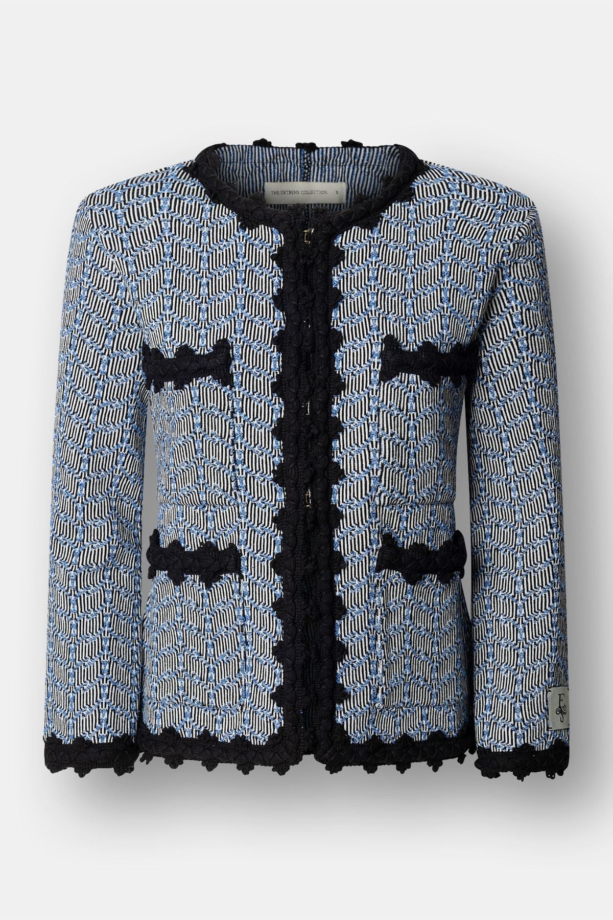Chaqueta de punto joya azul para mujer modelo Giordana con trama geométrica y bordes negros