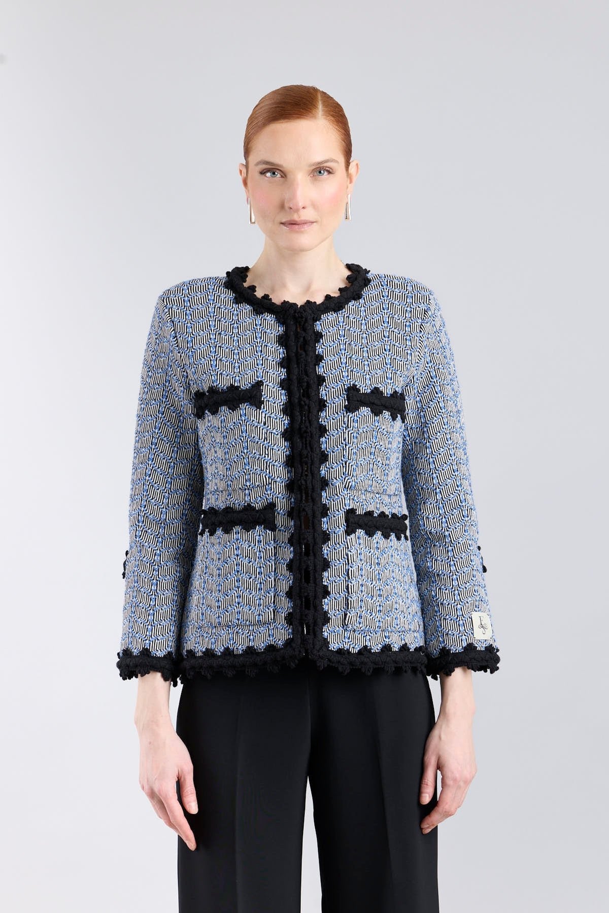 Chaqueta de punto joya azul para mujer modelo Giordana con trama geométrica y bordes negros