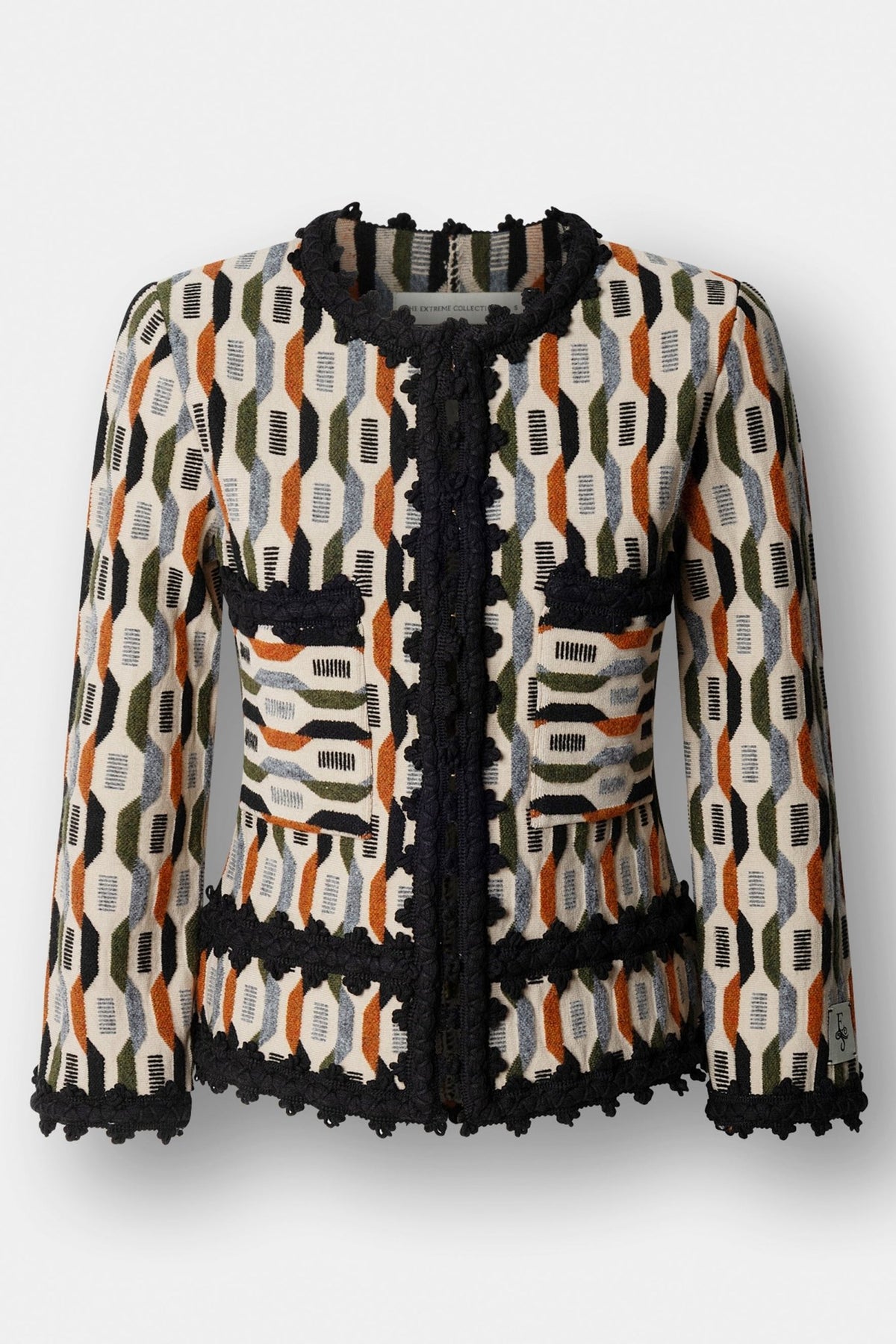 Chaqueta de punto estampada multicolor Scott con diseño geométrico multicolor y detalles de ribeteado ornamental artesanal.