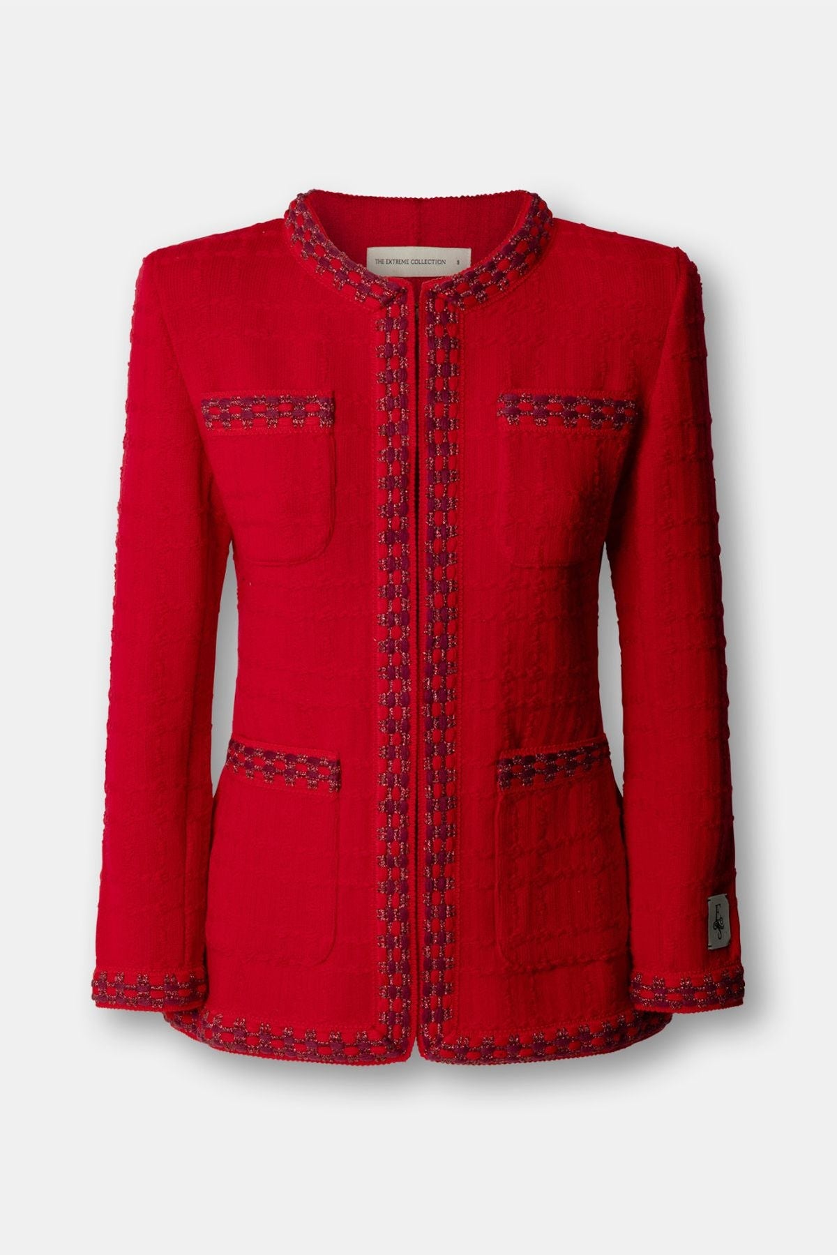 Chaqueta de punto para mujer modelo Oliver en blanco con vivos y bolsillos en negro.
