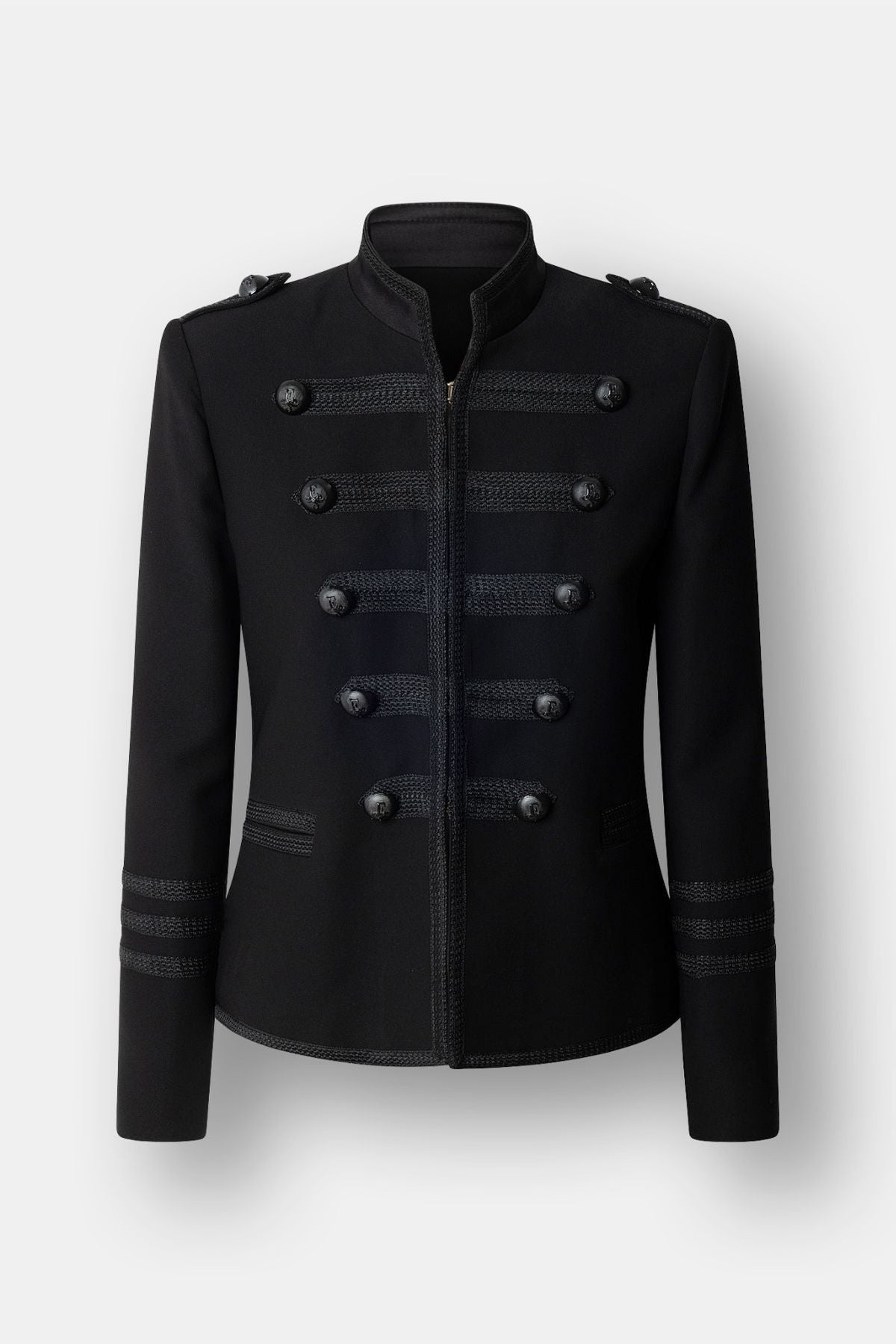 Chaqueta húsar negra para mujer modelo Brooklyn con alamares artesanales.