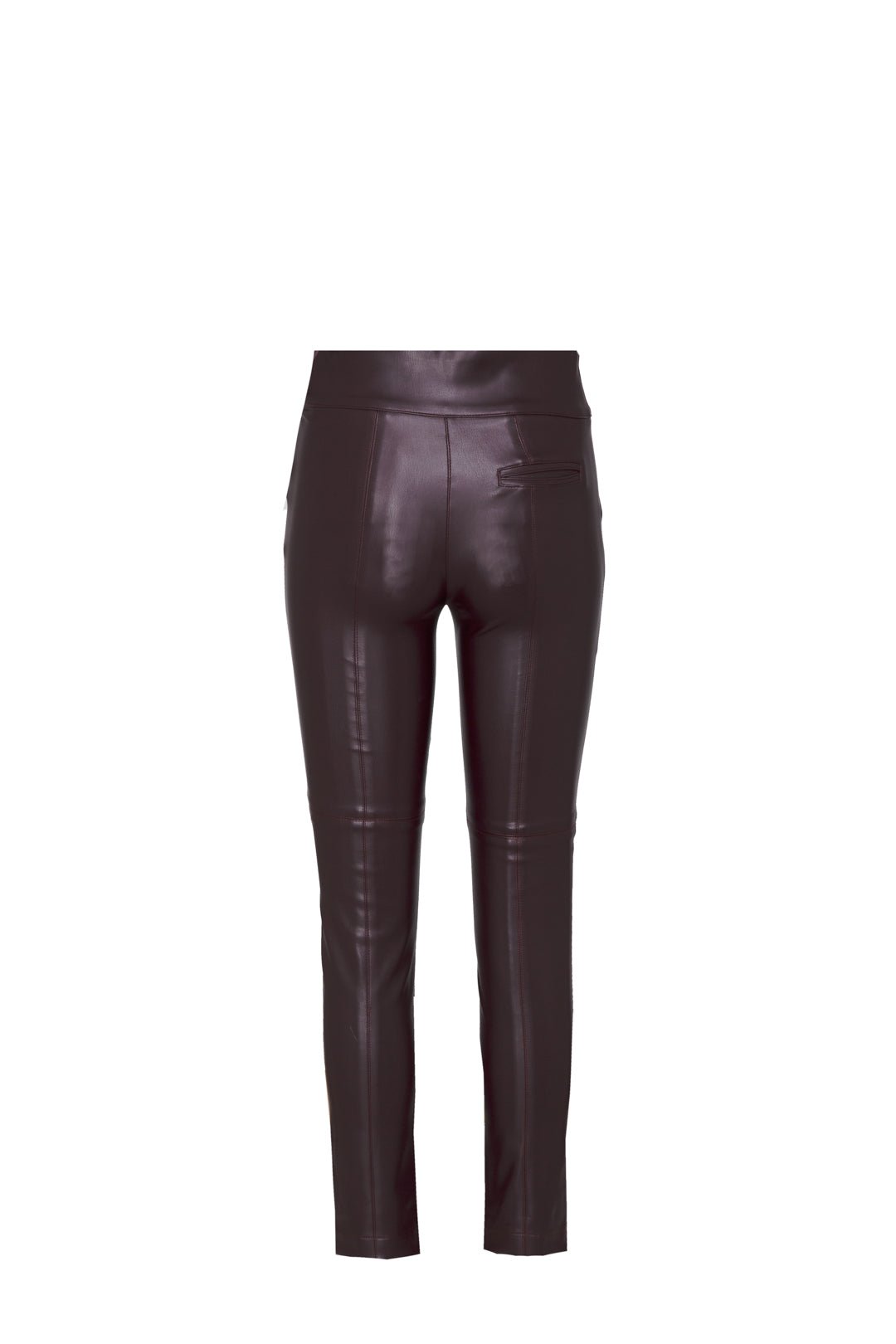 Pantalón de cintura alta pantalón ecopiel granate con efecto piel y un profundo tono burdeos. Audacia, sofisticación y diseño moderno.